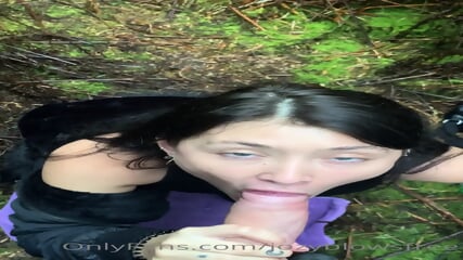 delicious busty slut swallowing cock in the forest