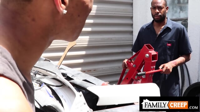 Family Creep - Hot Jock Stepson Fucks His Ebony Stepdad For Car Repair