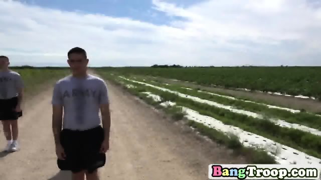 Gay troopers enjoy blowing and banging outdoors