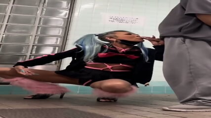 Middle-aged Japanese woman pretending to be young in public outdoor POV compilation