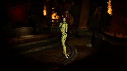 Muscular feral orc queen in bikini armor dancing and flexing her biceps