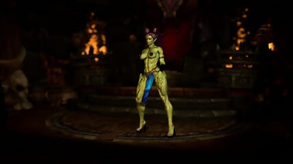 Muscular feral orc queen in bikini armor dancing and flexing her biceps
