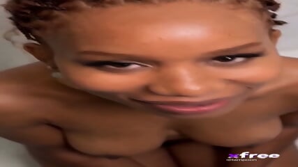 Black slut receives blowjob and cum in mouth