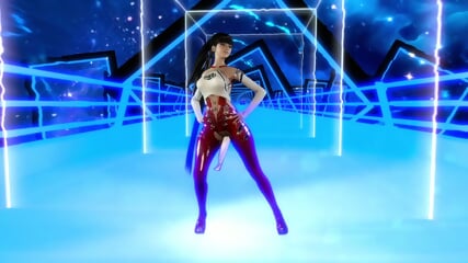 Youthful beauty Eve in provocative bodysuit poses alone against mirror