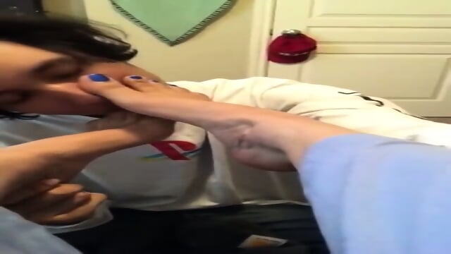 Got My Long Feet With Blue Nail Polish Worshipped By My Submissive Male Slave