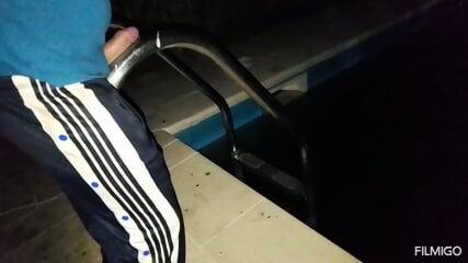 I took a night walk, then I retired to the hotel and took me to the pool to have some privacy, then I got ready to rub my dick on the stainless steel railing of the pool until I cum on the pool railing.