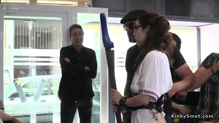 Busty Euro babe rides cock in public