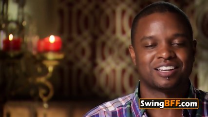 Black nervous couple is amazed with the beauty this swinger house holds