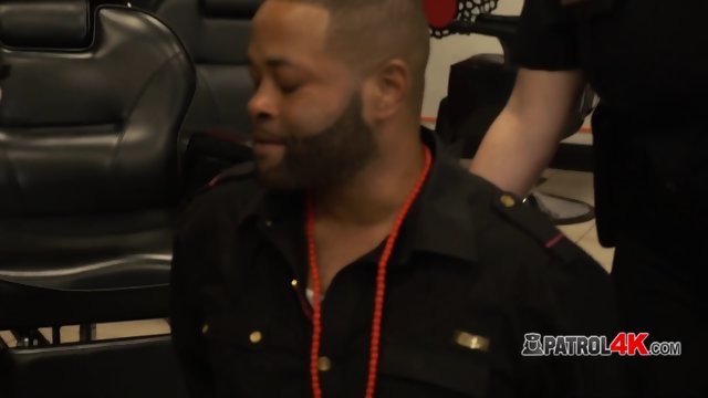 Horny criminal in barbeshop gets his cock serviced by horny female cops