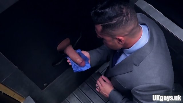 Muscle gay threesome and cumshot