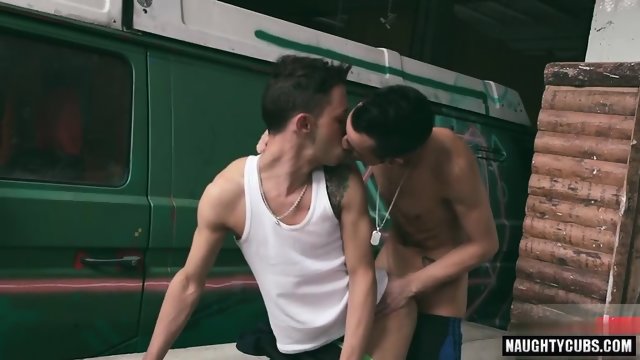 Muscle gay threesome and cumshot