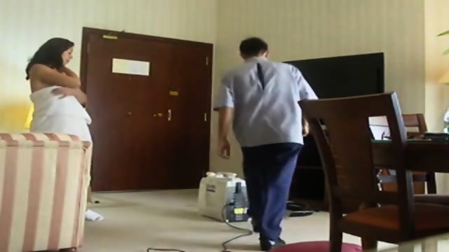 Half naked Arab slut wife teases another hotel worker