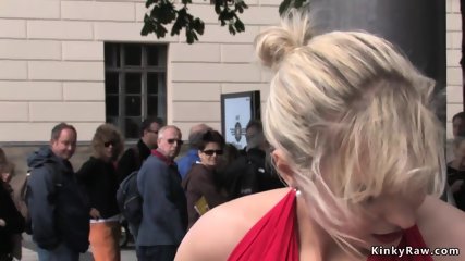 Blindfolded blonde sucking in public