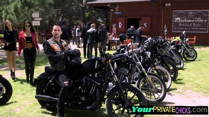 Saucy Biker Babe Spit Roasted By Cocks