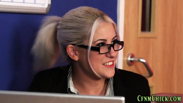 Clothed milf in office jerks colleague