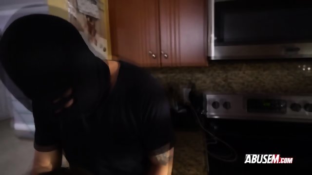 Hooded guy spies a teen without permission just to fuck her hard and rough in the kitchen after gett