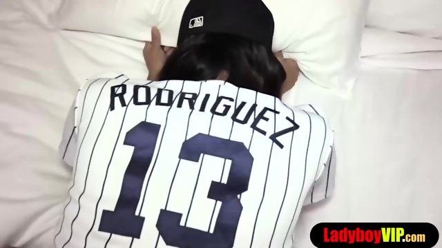 Hot asian ladyboy in a football jersey gets barebacked