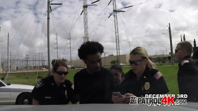 Horny MILFs banging a black criminal and his big shlong after a hot pursuit.