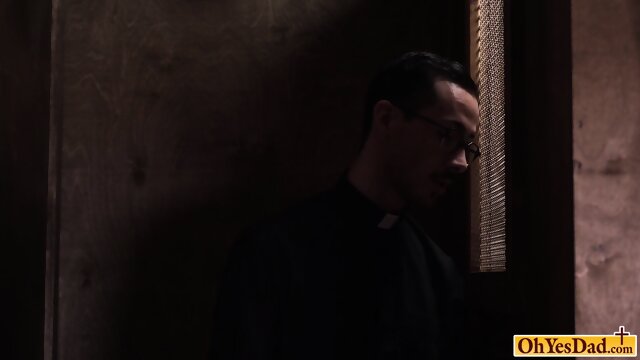 Priest sucks twinks cock through a slot and rides him