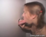 Pig Tailed Blonde Blowjob And Cumshot Through Glory Hole