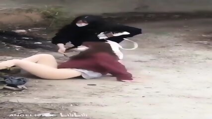 Beautiful College Student Fall Over Wall And Her Skirt Hung Up.. Exposing Her