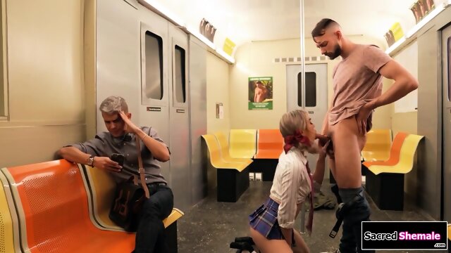 Small tits transsexual Emma Rose barebacks a guy in a subway