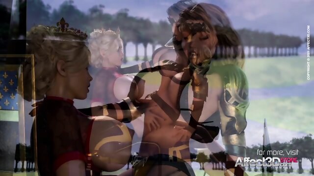 Huge boobs futa queen fucking her maid and her loyal guard in a 3d animation