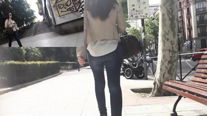 brunette, orgy, Candd ass jeans walking on the street, public