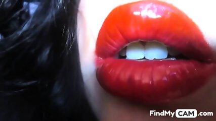 red lipstick, brunette, close up, webcam
