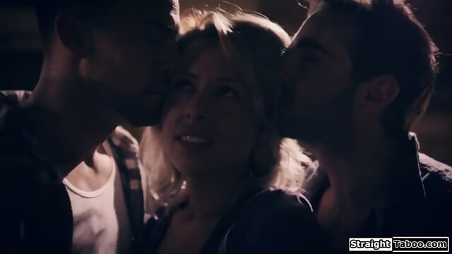 Blonde hitchhiker sucks cock and gets DPed by two strangers