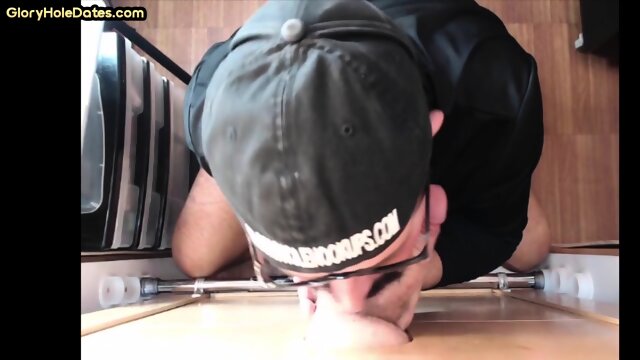 Gloryhole gaydaddy sucks and wanks cock till cum in mouth