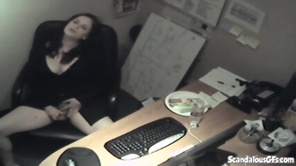 office, brunette, food, masturbating