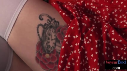 Voyeur CFNM Tattooed Babe In Nylons Teases Man Till Cumshot