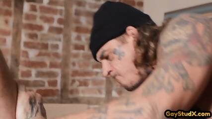 Inked Jock Bareback Fucks Stud Asshole After Dildo In Butt